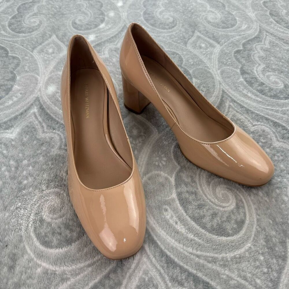 Womens Stuart Weitzman Holly Block Heel Patent Leather Pumps